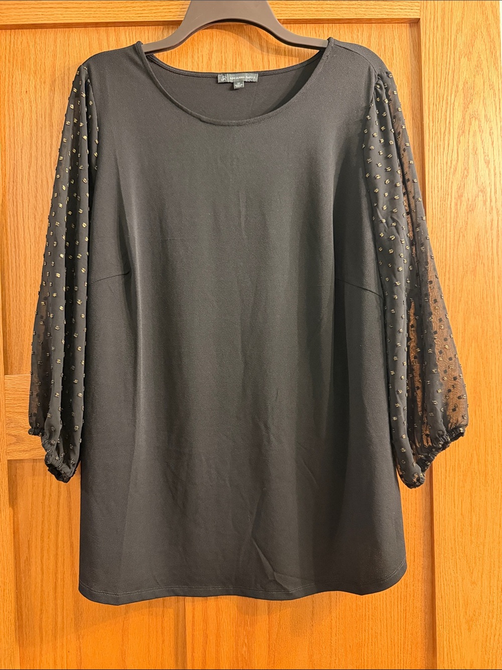 Adrianna Papell Black Top with Sheer Studded 3/4 Sleeves